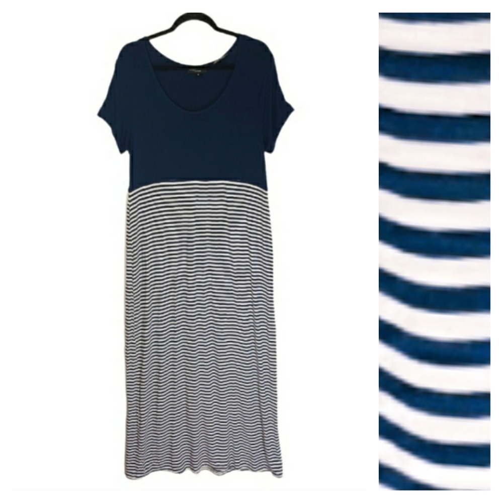 NEWPORT NEWS Global Exclusive Navy Blue White Stripe Short Sleeve Maxi Dress L